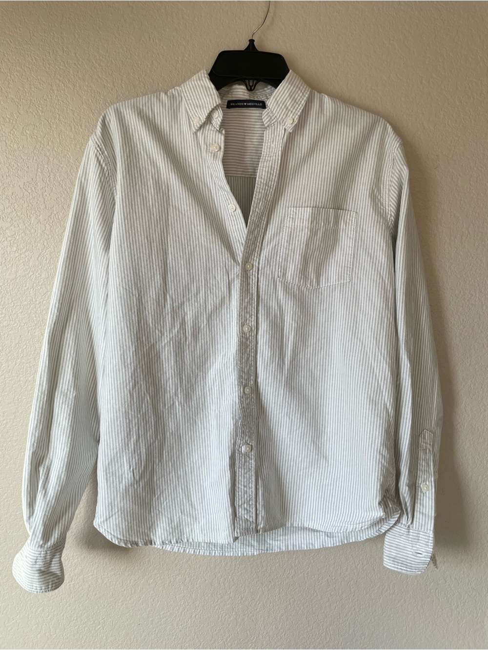 Brandy Melville White and Light Green Striped Button-Down Oversized Oxford Shirt